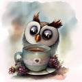 Pink Pals - Cartoon Owl and Coffee Cup Illustration