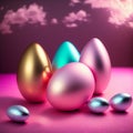 Metallic Pink, Gold, Silver And Aqua Blue Easter Eggs Delight - AI Generated Illustration