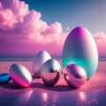 Glimmering Silver, Pink And Aqua Blue Easter Eggs in a Pink Cloudscape On The Beach - AI Generated Illustration