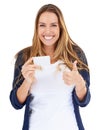 Introduction with a smile. A young woman holding a blank business card and smiling. Royalty Free Stock Photo
