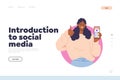 Introduction to social media concept for landing page with female user recommending mobile app