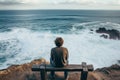 Introspective Man sitting ocean meditate. Generate Ai Royalty Free Stock Photo