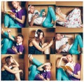 Introvert concept. Collage of man and women sitting inside box Royalty Free Stock Photo