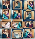 Introvert concept. Collage of man and women sitting inside box Royalty Free Stock Photo