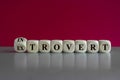 Introvert or extrovert symbol. Turned a cube and changed the word introvert to extrovert. Beautiful gray table, red background,