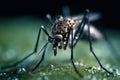 Tiny but mighty: Aedes Albopictus mosquito feeding on a leaf in detailed close-up