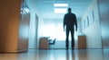 Intruder walking stealthily down an office corridor, approaching a window in a softly illuminated workspace, creating an