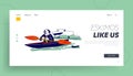 Inuit Esquimau Fishing Landing Page Template. Eskimo Male Character in Traditional Warm Clothing Floating on Kayak