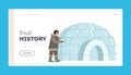 Inuit History Landing Page Template. Eskimo Female Character Building Igloo House of Ice Blocks. Life in Far North Royalty Free Stock Photo