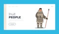 Inuit People Landing Page Template. Eskimo Male Character Holding Spear Show Thumb Up. Life in Far North