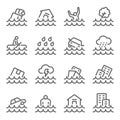 Inundation icon illustration vector set. Contains such icon as Rain, Car Drowning, Raining, Building drowned, Sink, Flooding, Sunk Royalty Free Stock Photo