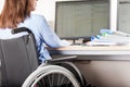 Invalid or disabled woman sitting wheelchair working office desk computer Royalty Free Stock Photo