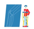 Invalid Handicapped Man Character Stand on Crutches with Leg Prosthesis Visiting Orthopedy Clinic or Hospital