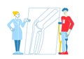 Invalid Handicapped Man Character Standing on Crutches with Prosthesis on Leg Visiting Orthopedy Clinic