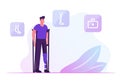 Invalid Handicapped Man Standing on Crutches with Prosthesis on Leg Visiting Orthopedy Clinic or Hospital Royalty Free Stock Photo