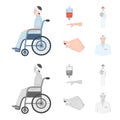 Invalid with trauma, blood transfusion, doctor, medication in the hands of a doctor. Medicineset collection icons in