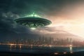 Invasion from the stars, Aliens\' spaceship lands near seaside metropolis