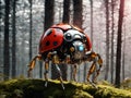 Invasive futuristic ladybug robot in moody forest