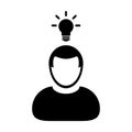 Invention icon vector male person profile avatar symbol with bulb for creative idea for business development in Glyph Pictogram Royalty Free Stock Photo