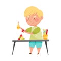 Inventive Boy Engaged in Upcycling Reusing Recyclable Material Vector Illustration