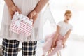 Inventive nice dad greeting his child on her birthday Royalty Free Stock Photo