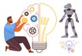 Inventor Assembling Gears in a Light Bulb with a Robot Symbolizing Artificial Intelligence Royalty Free Stock Photo