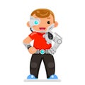 Inventor engineer cyborg kids science scifi superhero teen character flat design vector illustration