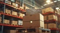 Inventory Logistics: Boxes stacked on a pallet inside a bustling storage warehouse Royalty Free Stock Photo