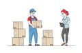 Inventory Manager Characters Accounting Goods Lying in Carton Boxes on Rack in Warehouse. Post Office, Store or Stock