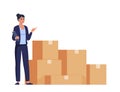 Inventory Manager Woman Character Accounting Goods Lying in Carton Boxes in Warehouse. Storehouse Distribution Concept. Post