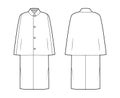 Inverness coat cape technical fashion illustration with long sleeves, round lapel collar, oversized body, midi length.