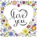 Inverse heart Doodle with colorful flowers and the inscription in vector on white background