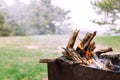 Inverted fire pit with logs on the bottom and tinder on top.