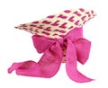 Inverted straw hat with pink canvas ribbon bow