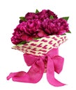 Inverted straw hat with pink canvas ribbon bow and peony flowers