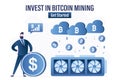 Invest in bitcoin mining. Male investor holds big dollar coin, huge video card earns cryptocurrency. Cloud computing, blockchain