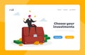 Invest Portfolio, Stock Market Trading Landing Page Template. Tiny Investor Male Character Sitting at Huge Briefcase