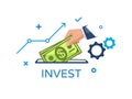 Invest, vector illustration. Investing money in something, concept. Hand puts banknotes