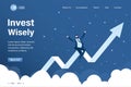 Invest wisely landing page template. Successful happy businessman sitting on growing profit chart