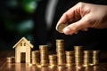 Invest Wisely in Real Estate Businessman Places House Icon on Growing Coin Stack,ai generated