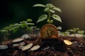 Plant Growing In Bitcoin Coins. Generative AI.