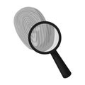 Investigation by fingerprint magnifier, crime. Loupe is a detective tool, single icon in monochrome style vector symbol
