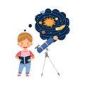 Investigative Little Boy Studying Space and Galaxy Examining Solar Planets with Telescope Vector Illustration