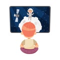 Investigative Little Boy Studying Space and Galaxy Watching TV Show about Moon Exploration Vector Illustration