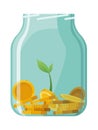 Investing bottle money, icon. Money growing concept, finance savings tree, finances investment. Money growing plant step