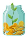 Investing bottle money, icon. Money growing concept, finance savings tree, finances investment. Money growing plant step