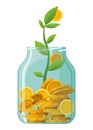 Investing bottle money, icon. Money growing concept, finance savings tree, finances investment. Money growing plant step