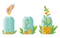 Investing bottle money, icon set. Money growing concept, finance savings tree, finances investment. Money growing plant