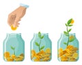 Investing bottle money, icon set. Money growing concept, finance savings tree, finances investment. Money growing plant