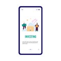 Investing and financial shares onboarding screen, flat vector illustration.